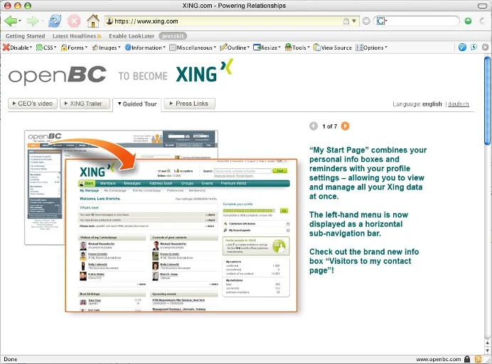 When openBC became XING. A screenshot from the 2005 website, when openBC rebranded to XING.